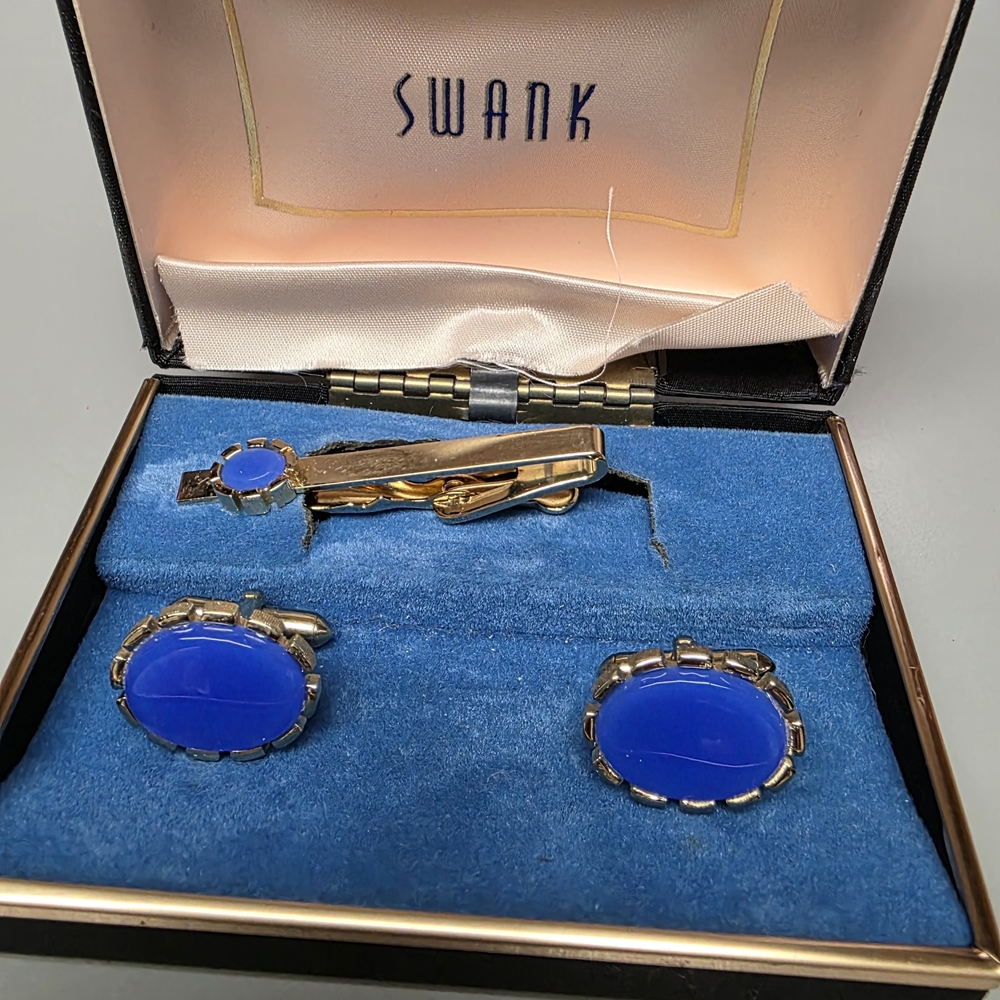 Swank Blue Cufflinks and Tie Clip Set